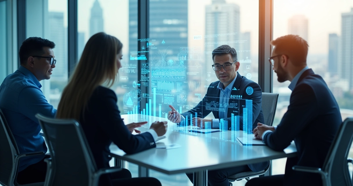 Quatro empresários reunidos em uma mesa de reunião moderna discutindo estratégias de vendas B2B com gráficos digitais flutuando ao redor 