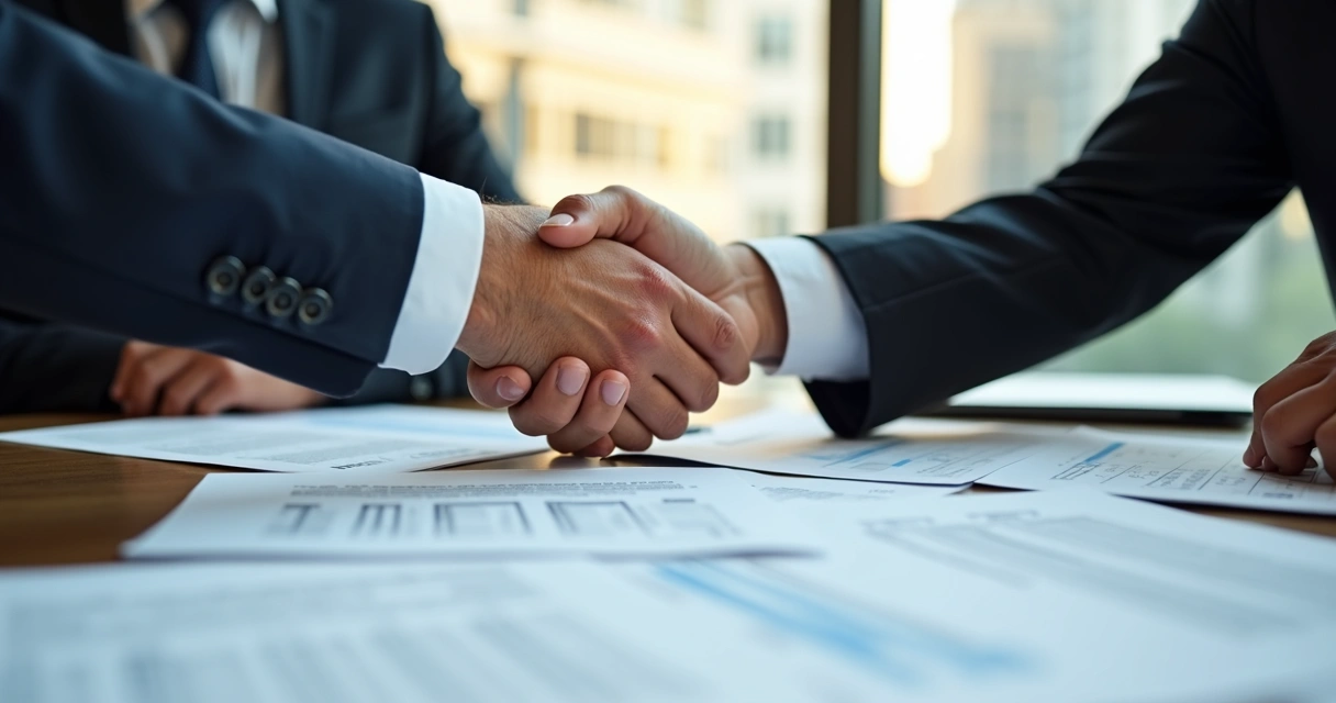 Duas pessoas apertando as mãos sobre uma mesa repleta de papéis de contratos de frete 