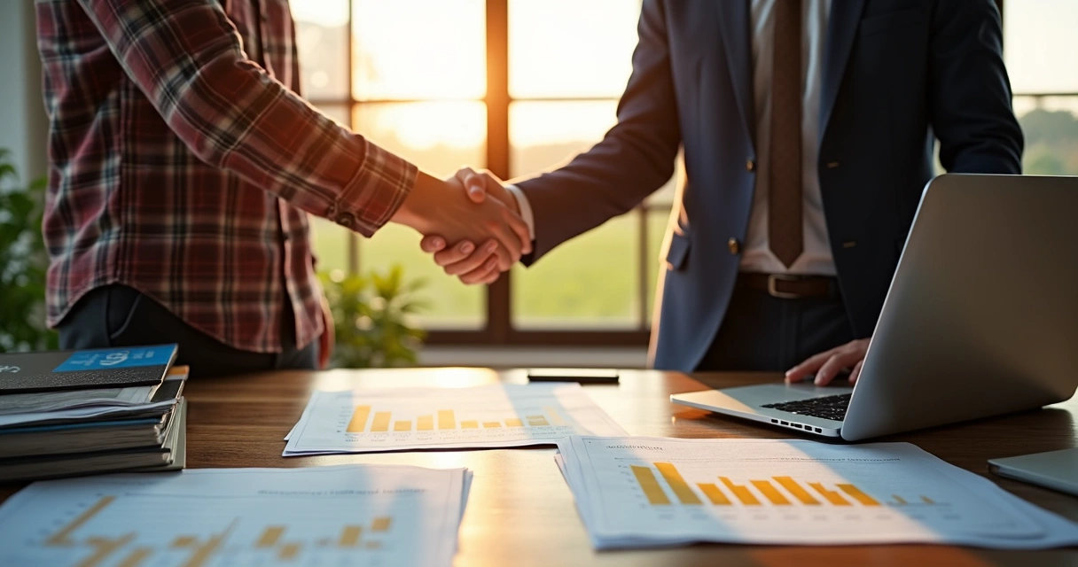 Negociação de contrato agrícola entre produtor e consultor em mesa com documentos e laptop 