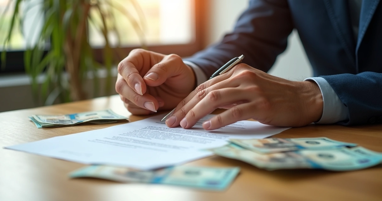 Pessoa segurando mãos com contrato de imóvel e notas de dinheiro sobre mesa de madeira 