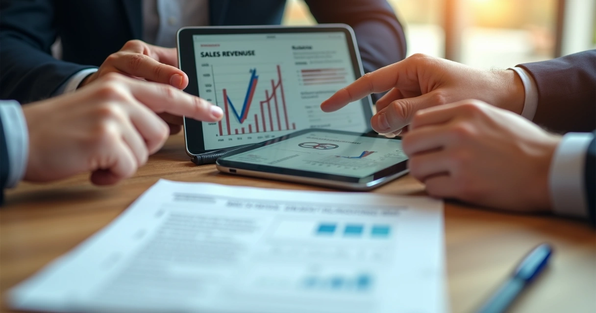 Reunião de negociação com duas pessoas apontando para gráficos de receita em tablet. 