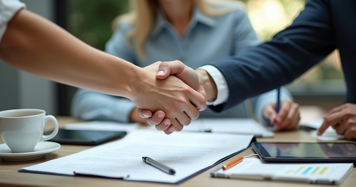 Aperto de mãos entre dois profissionais com contrato na mesa