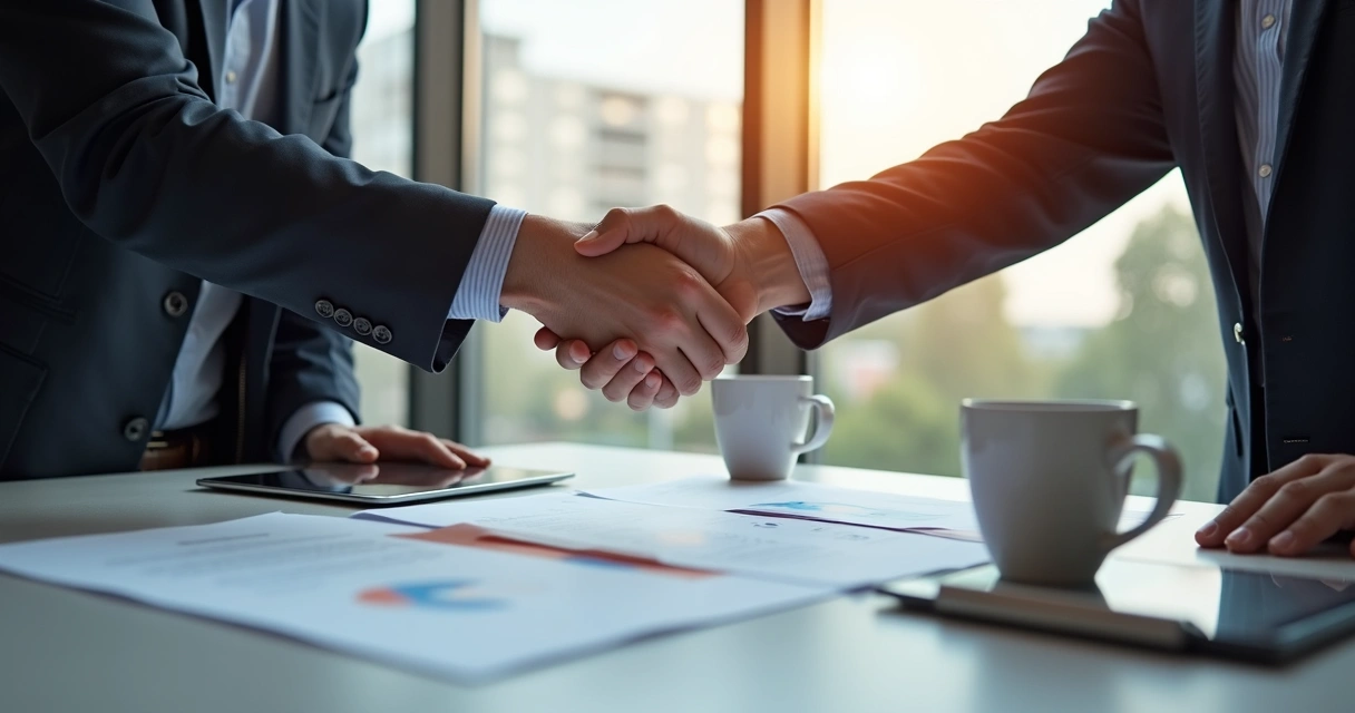 Negociação amigável entre consultor de marketing e empresário em escritório moderno 