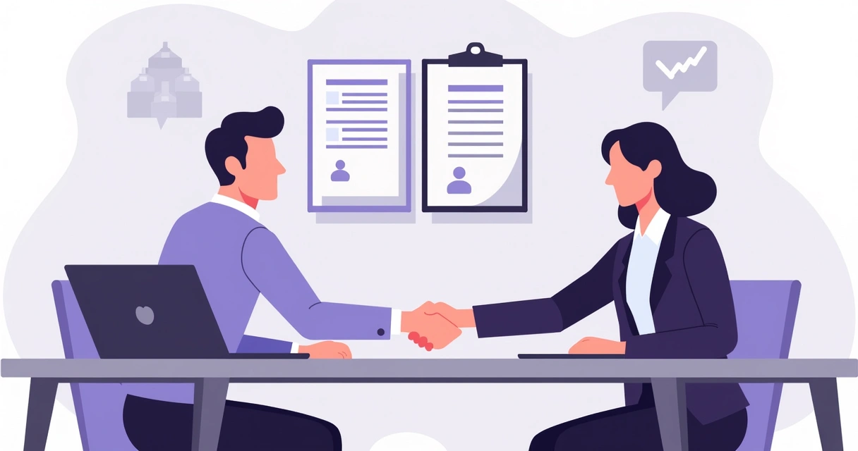 Duas pessoas negociando contrato de parceria em uma mesa com anotações e notebook 