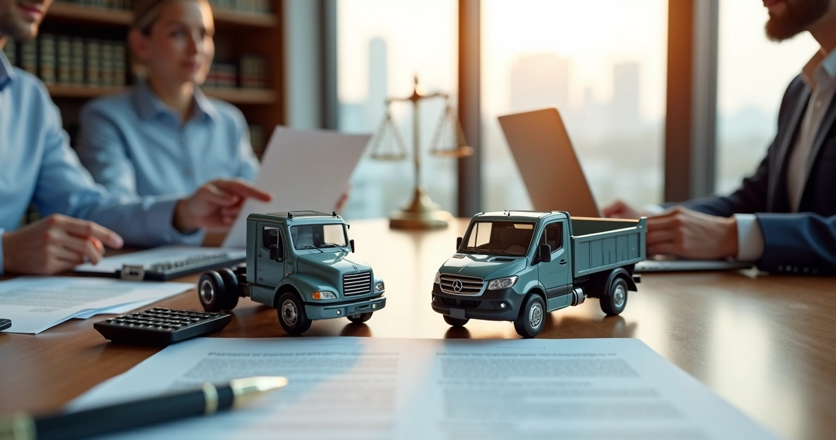 Mesa de negociação com maquete de dois caminhões e contrato sendo analisado 