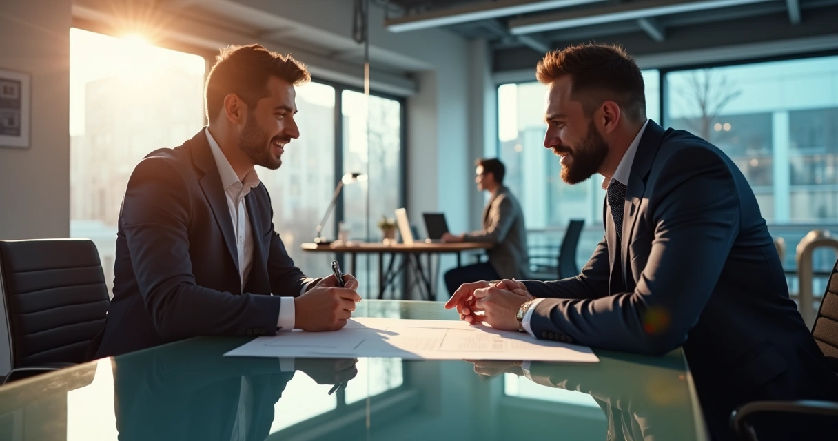 Duas pessoas negociando contrato em ambiente de agência digital 