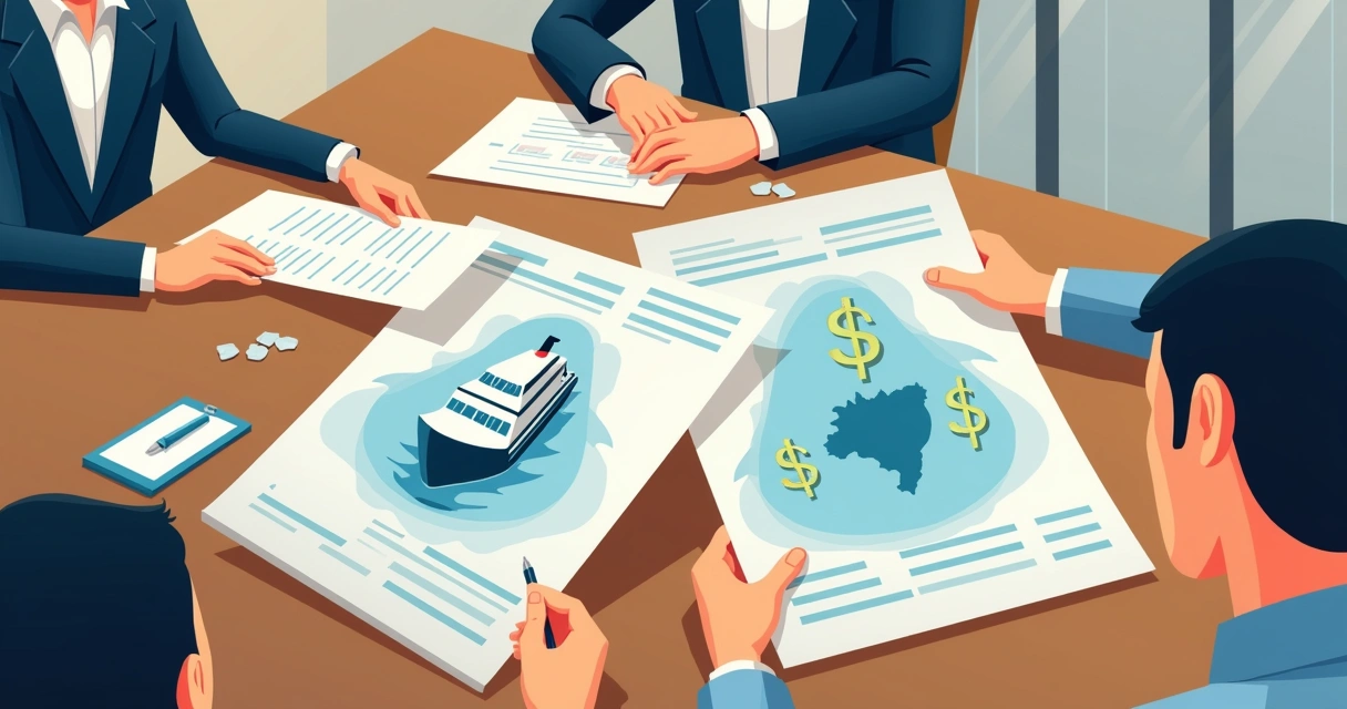 Mesa de negociação empresarial com papéis de planejamento de cruzeiro e mapas do Brasil 