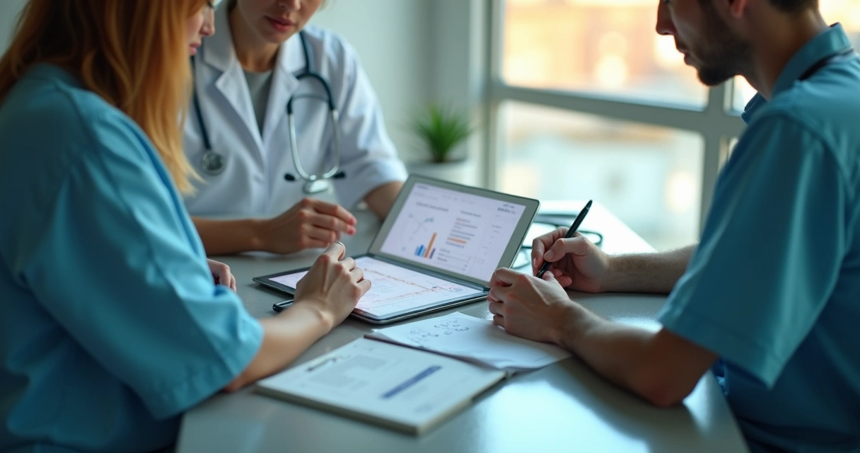 Pessoas negociando planos de saúde em tablet com documentos de seguros ao redor 