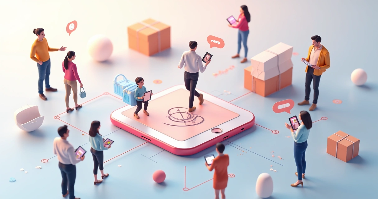 Vendedores e consumidores negociando produtos em plataforma digital 