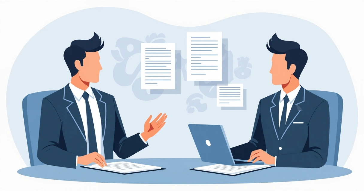 Dois empresários negociando ao redor de uma mesa, papéis e contrato à vista 