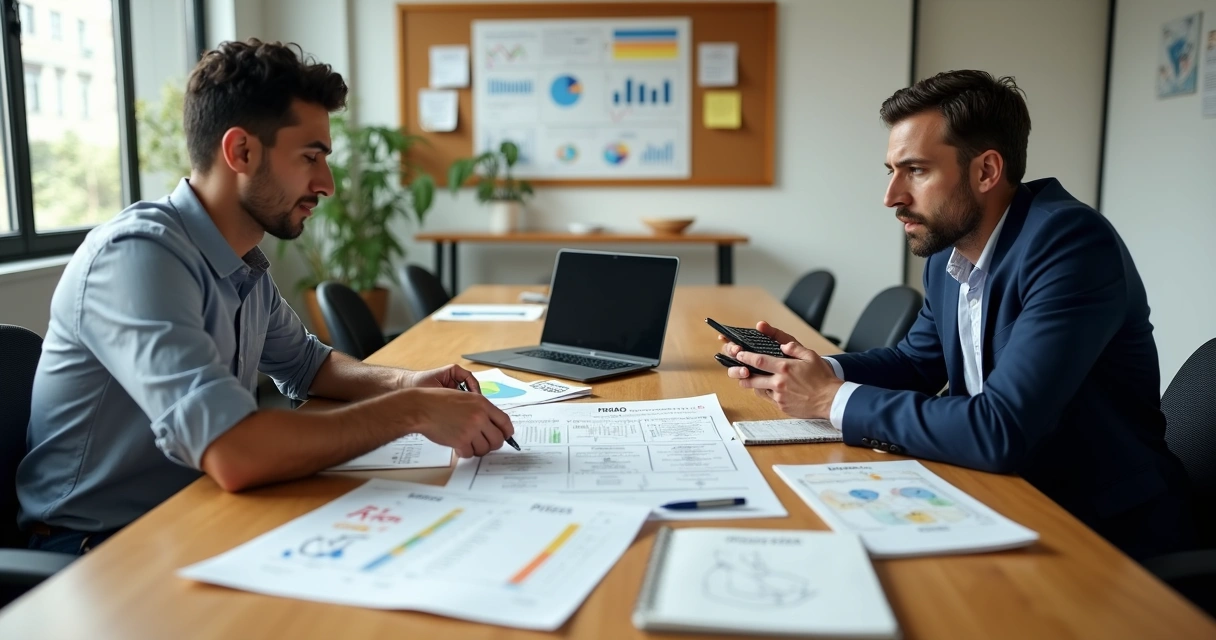 Vendedor e cliente de pequena empresa discutindo valor e preço em reunião tensa 