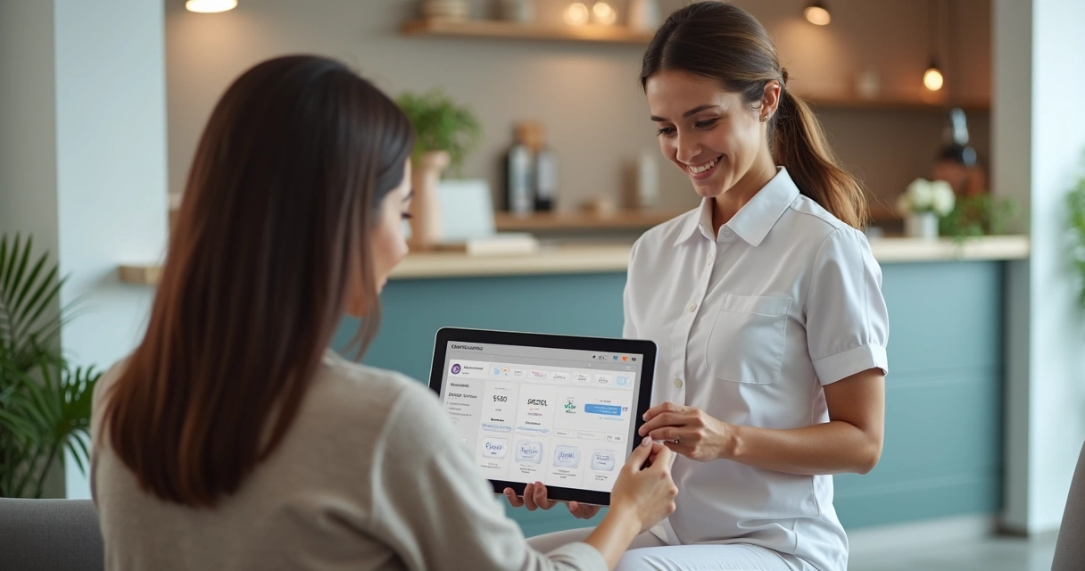 Profissional de clínica apresentando opções de pagamento em frente a cliente sentado