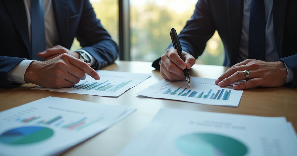 Duas pessoas em uma mesa olhando gráficos de vendas e discutindo um contrato 