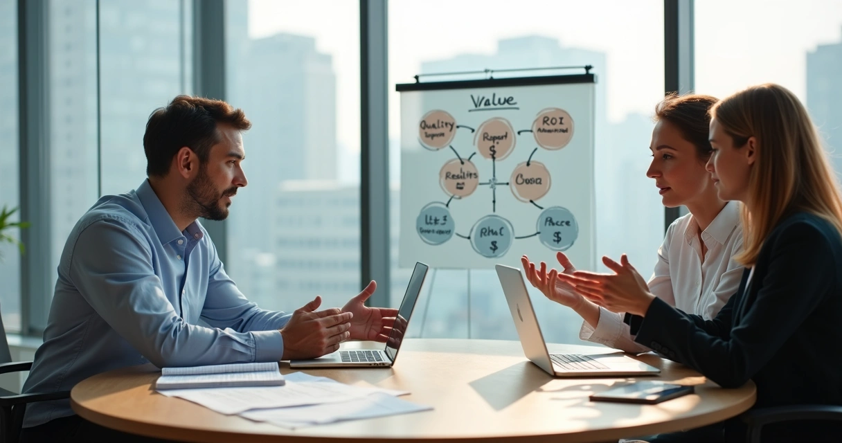 Duas pessoas negociando preço em mesa moderna com gráficos de valor ao lado 