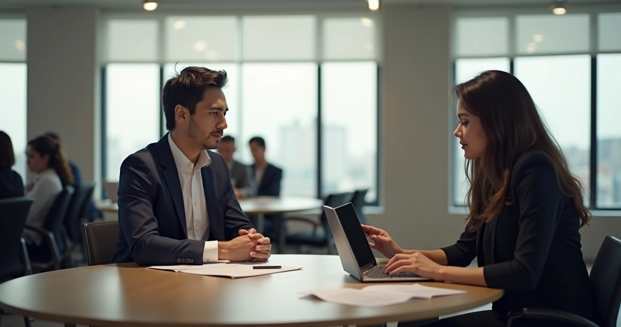 Duas pessoas sentadas à mesa em ambiente de escritório, com documentos ao centro, olhando-se nos olhos, postura atenta e relaxada 