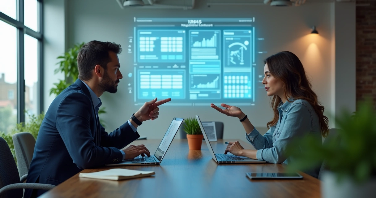 Duas pessoas sentadas à mesa com laptops abertos em negociação virtual