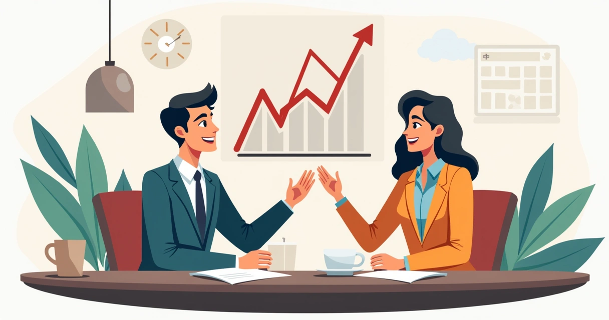 Duas pessoas negociando proposta com gráfico de vendas ao fundo 
