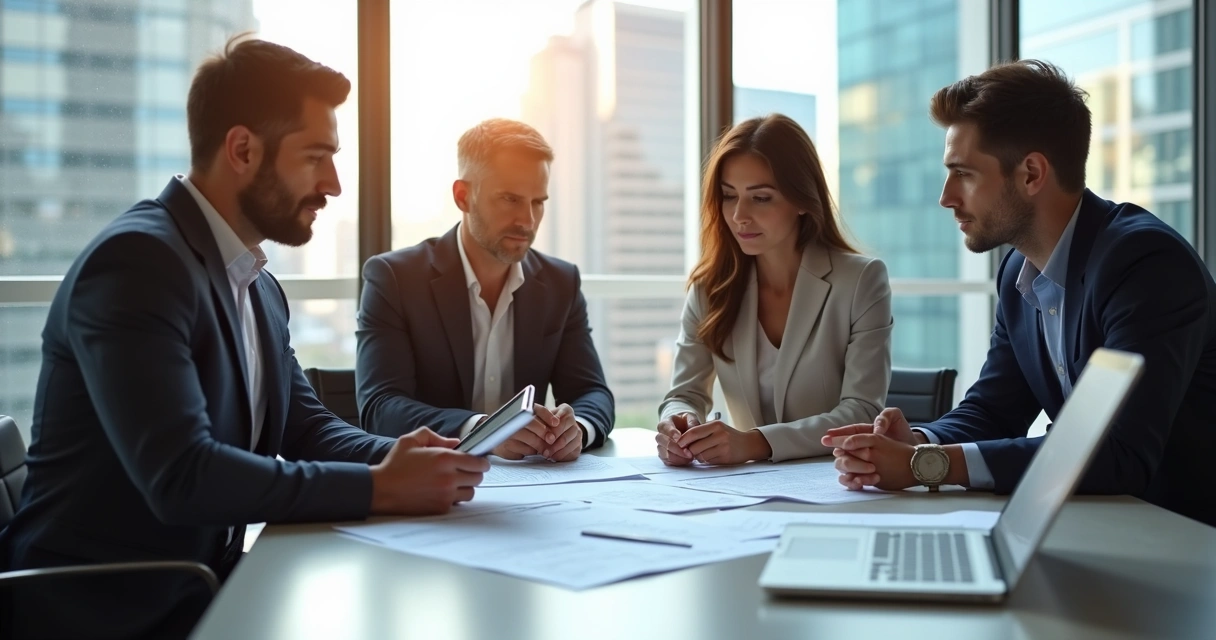 Pipeline de Vendas: Como Montar, Gerenciar e Prever Resultados 3 Representantes comerciais analisando e negociando proposta em mesa de reunião