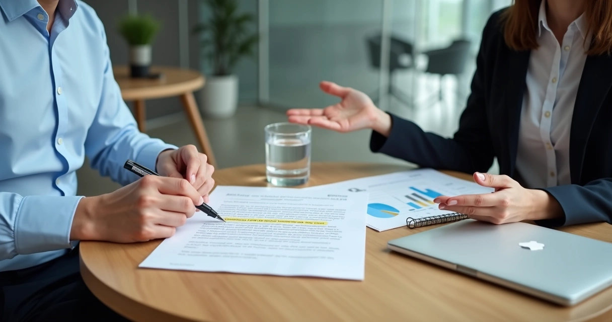 Dois empresários em mesa redonda ajustando contrato de serviço financeiro 