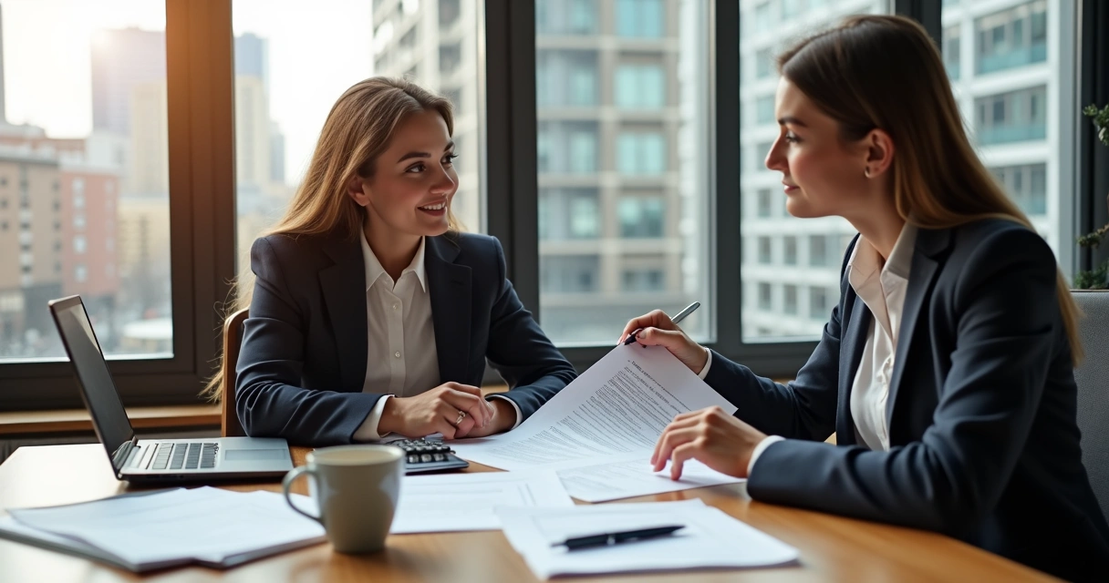 Duas pessoas sentadas à mesa com contratos discutindo documento 