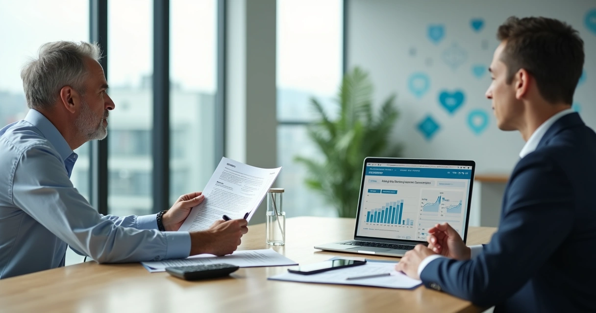 Cliente discutindo reajuste de plano de saúde com atendente em mesa de reunião 