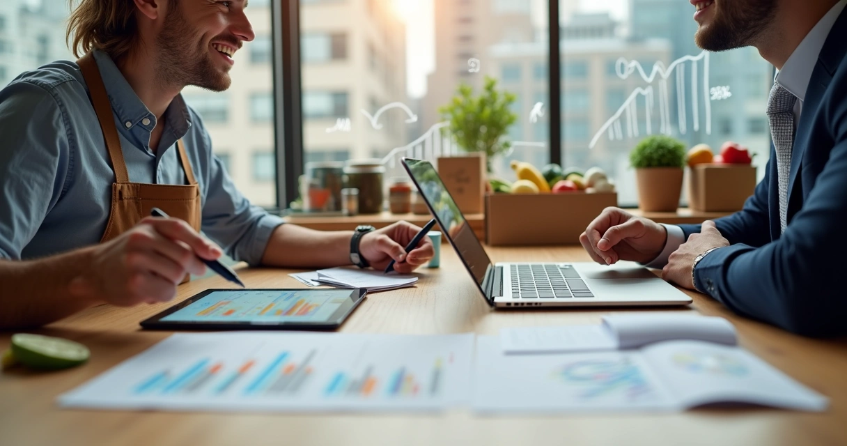 Dono de restaurante negociando contrato com fornecedor de alimentos 