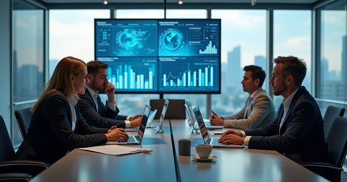 Executivos negociando em uma mesa de reunião, laptops abertos, gráficos em tela