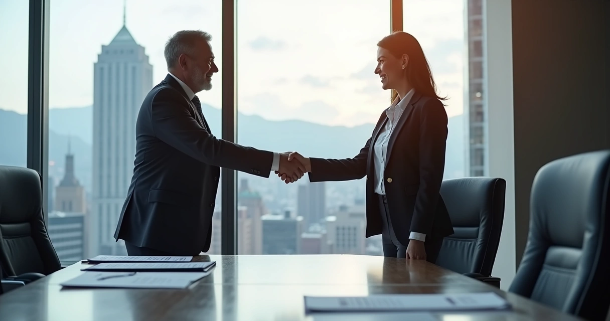 Empresários em reunião negociando royalties de franquia 