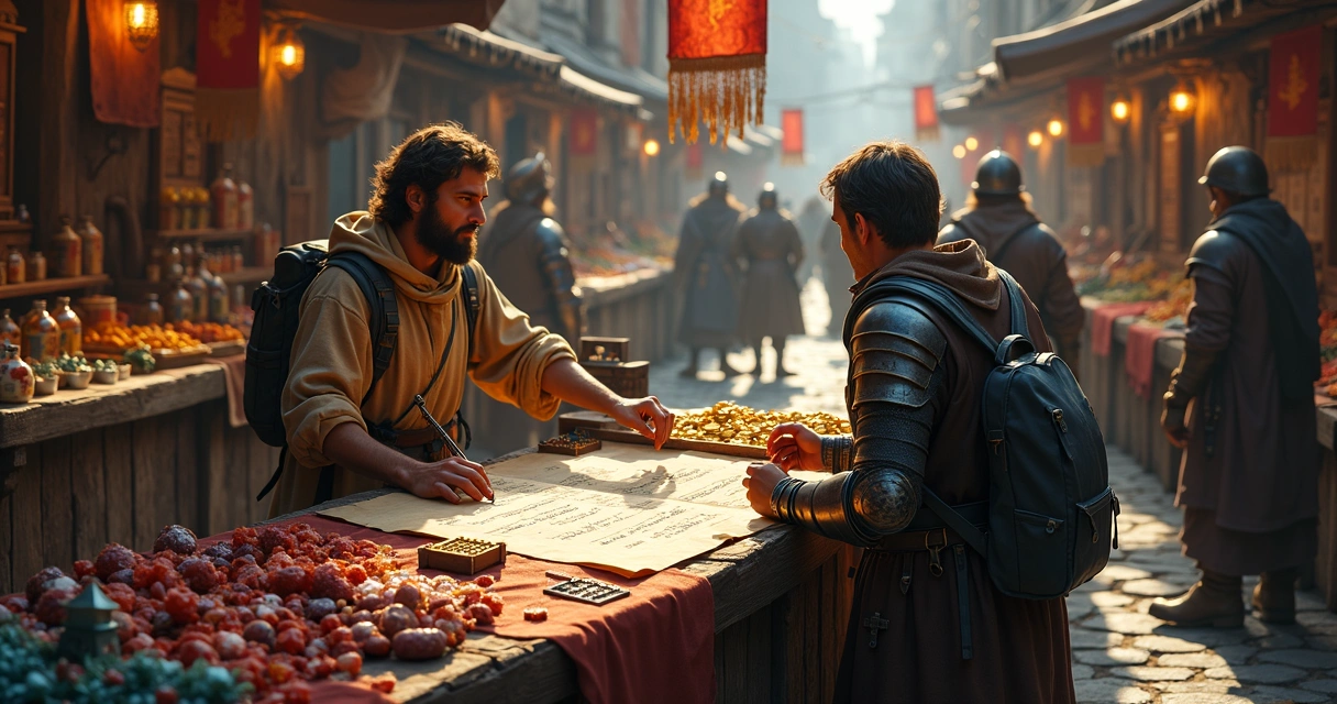 Personagem negociando runas e suprimentos em um mercado de Tibia 