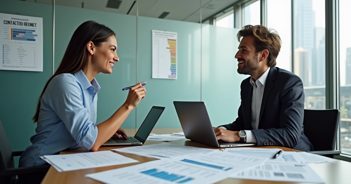 Duas pessoas sentadas em um escritório, discutindo documentos e gráficos salariais na mesa. 