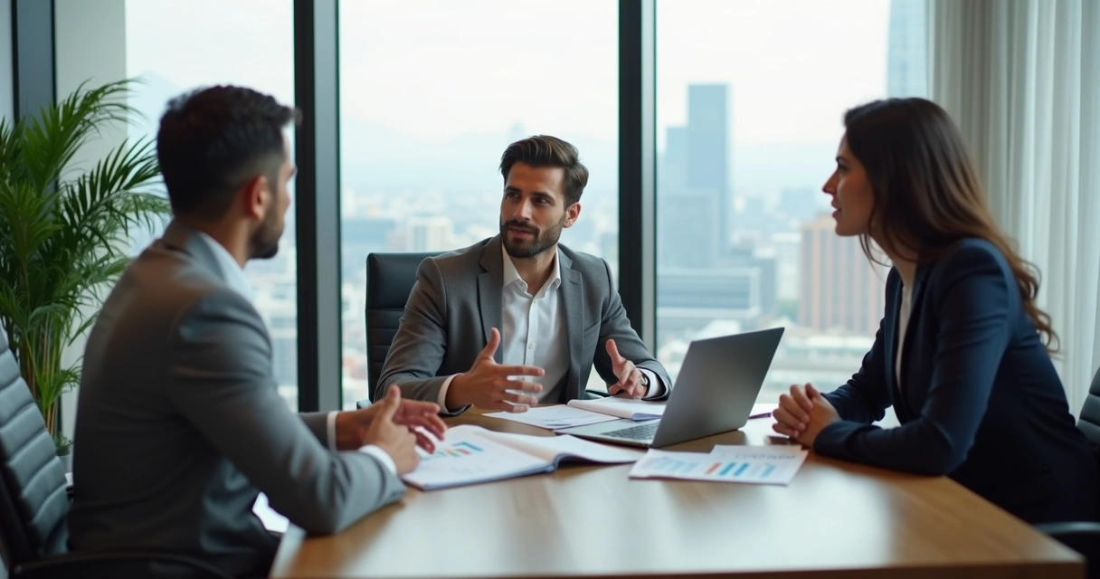 Profissional negociando salário durante reunião com equipe em ambiente corporativo moderno 