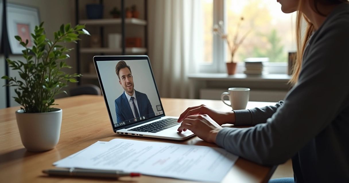 Pessoa negociando salário em vídeo chamada remota com laptop e documentos na mesa 