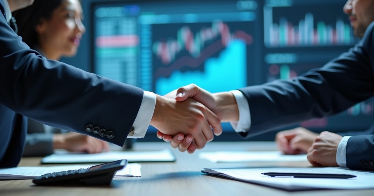 Empresários negociando, gráficos financeiros ao fundo
