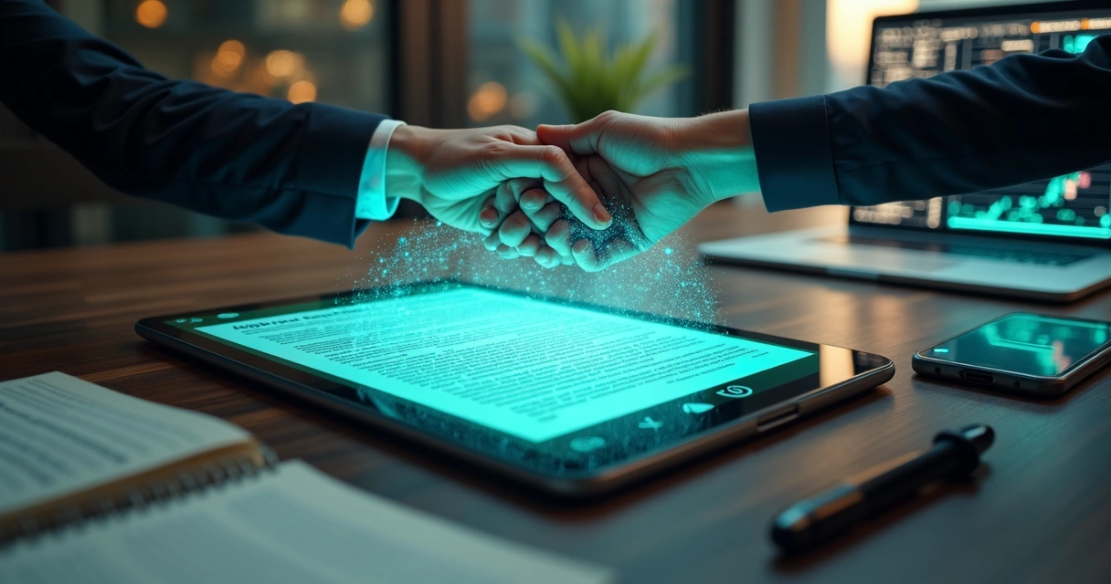 Aperto de mão virtual entre comprador e intermediário com contrato digital na tela de um tablet 