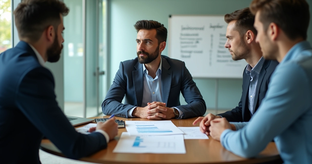 Empresário mantendo proposta firme em negociação ao redor de mesa redonda 