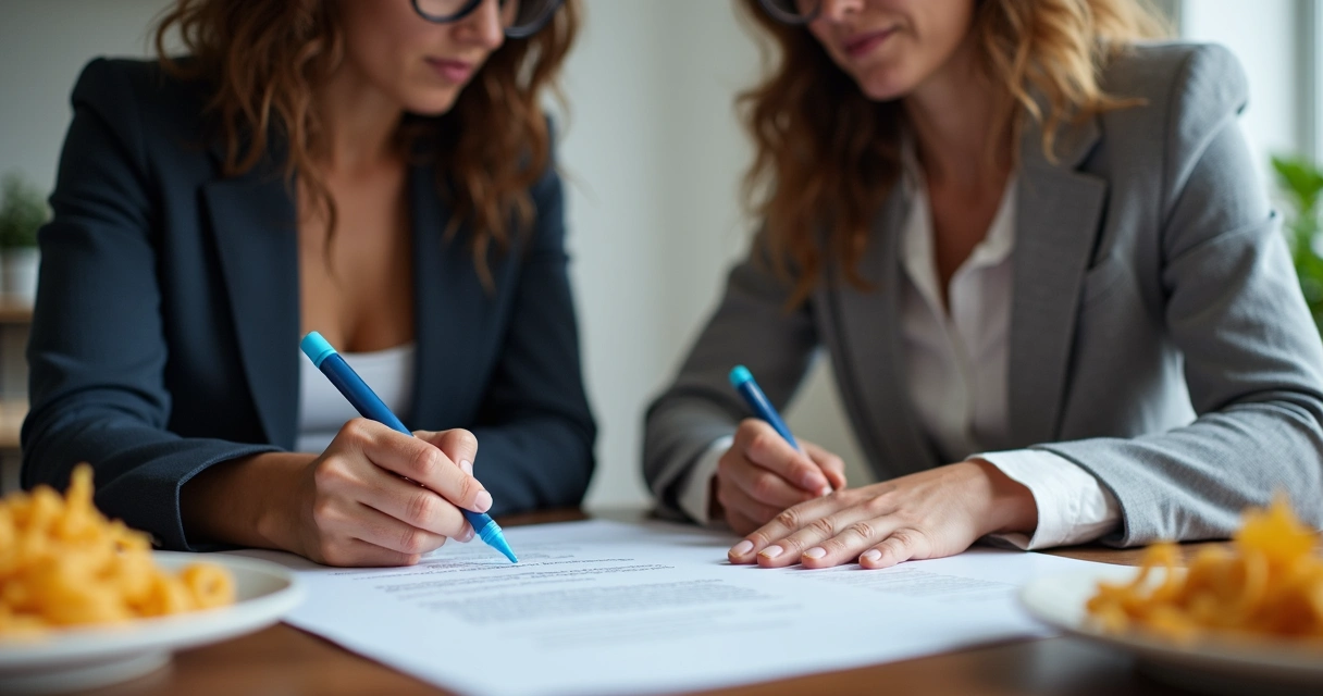 Duas pessoas em uma mesa de reunião discutindo contrato escrito sobre serviços 
