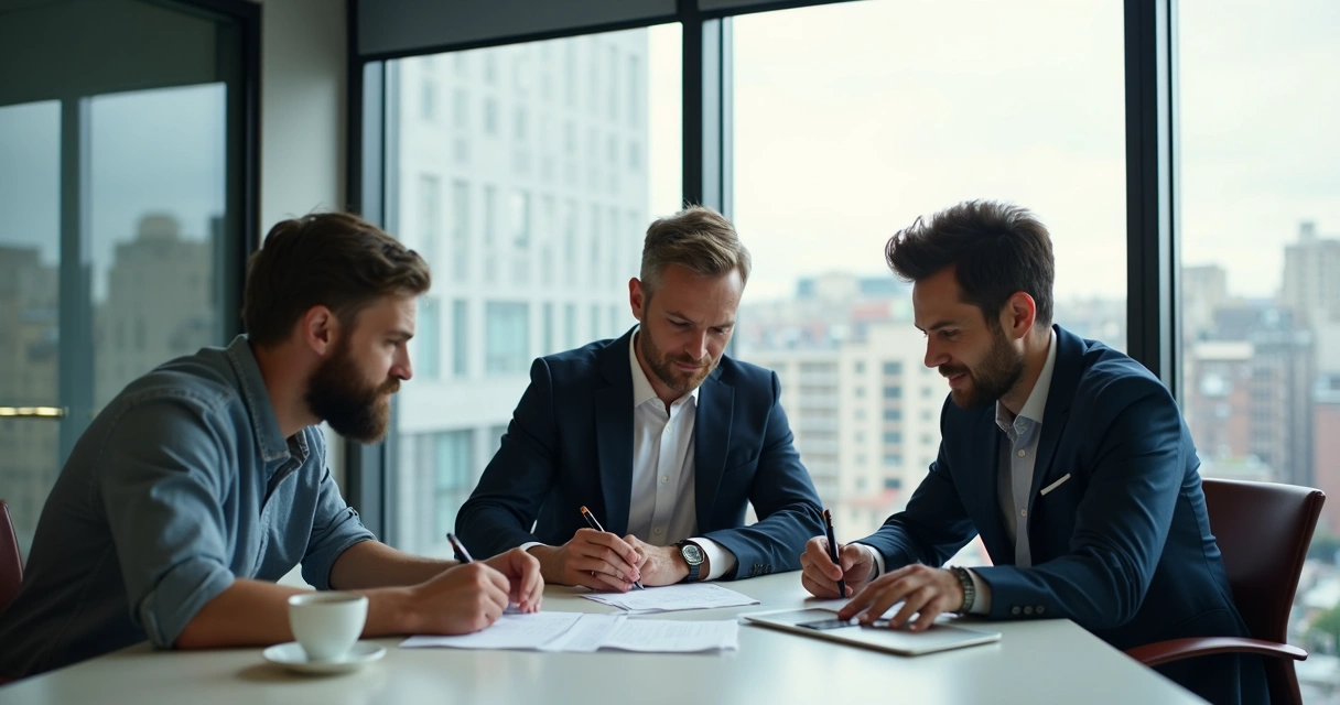 Sócios de startup discutindo cláusulas contratuais em sala de reunião moderna 