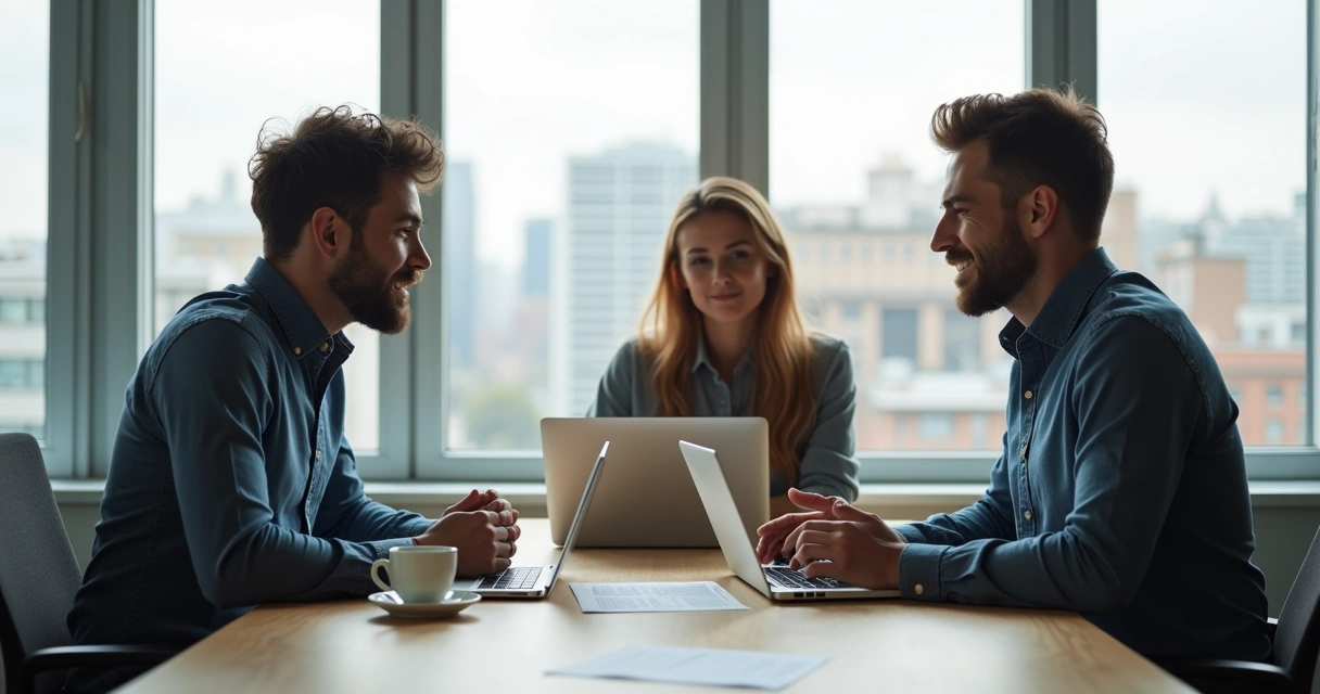 Sócios jovens conversando em mesa com contrato, computador e café