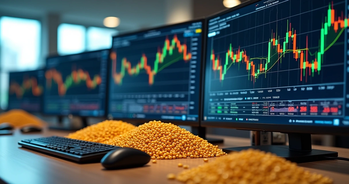 Mesa de negociação com gráficos de soja e milho em telas digitais em ambiente corporativo moderno 