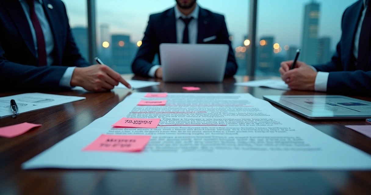 Executivos negociando contrato com cláusulas marcadas em vermelho na mesa 