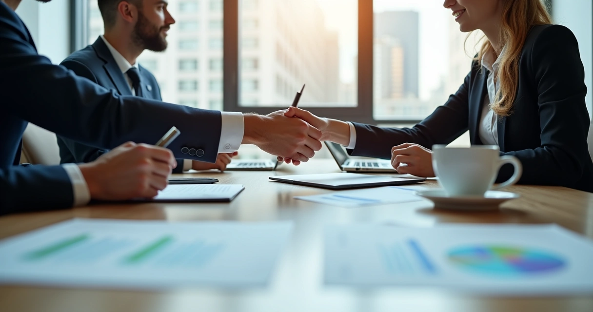 Dois empresários negociando um contrato em uma mesa, com papéis e computadores ao redor. 
