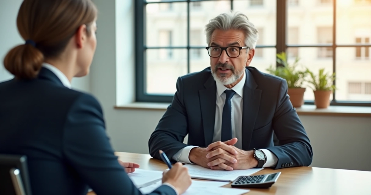 Empresário negociando tarifas bancárias em reunião no banco 
