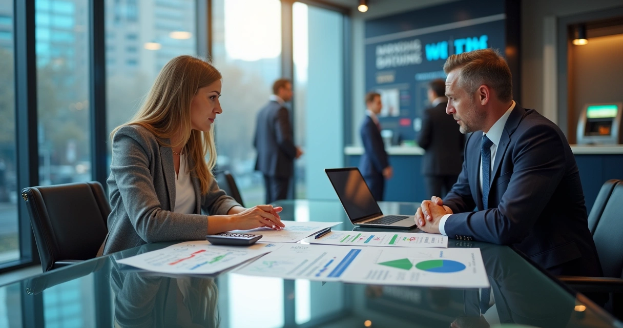 Consultor financeiro negociando com gerente bancário em agência moderna. 