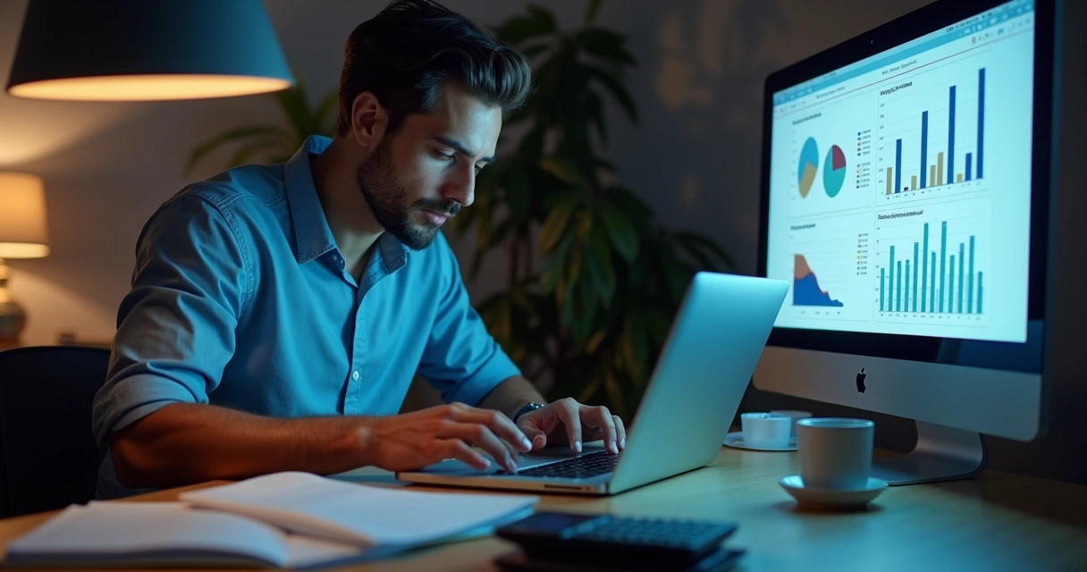 Lojista analisando taxas para Shopify em um notebook