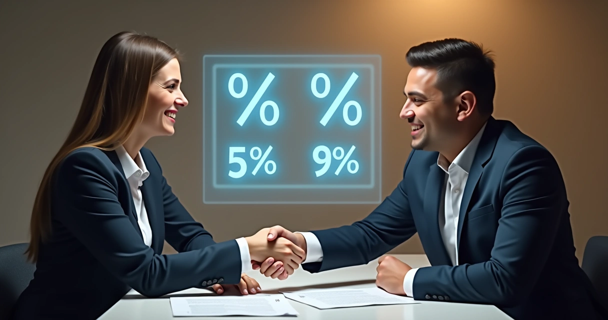 Duas pessoas negociando taxas de pagamento em uma mesa 