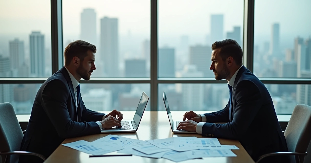 Duas pessoas negociando contratos de pagamento em mesa de escritório 