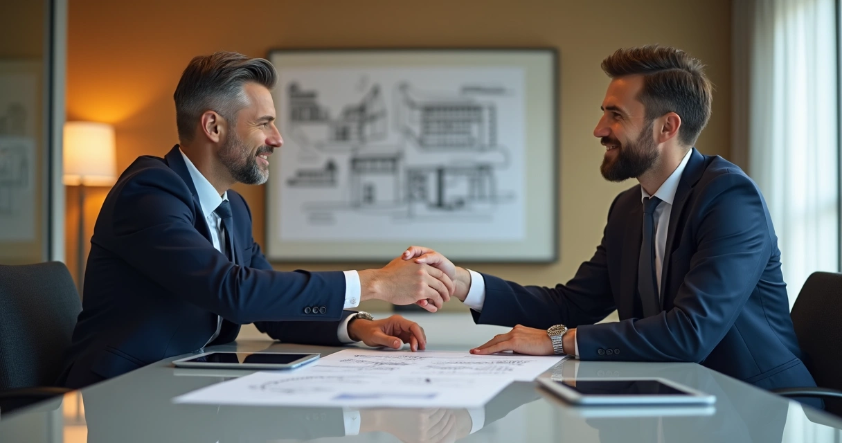 Dois profissionais negociando contrato técnico em sala de reuniões de empresa de construção 