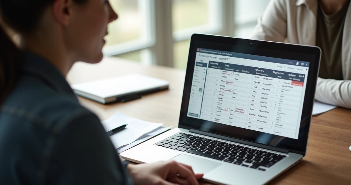 Terapeuta e paciente sentados lado a lado revisando opções de pagamento e calendário no computador 