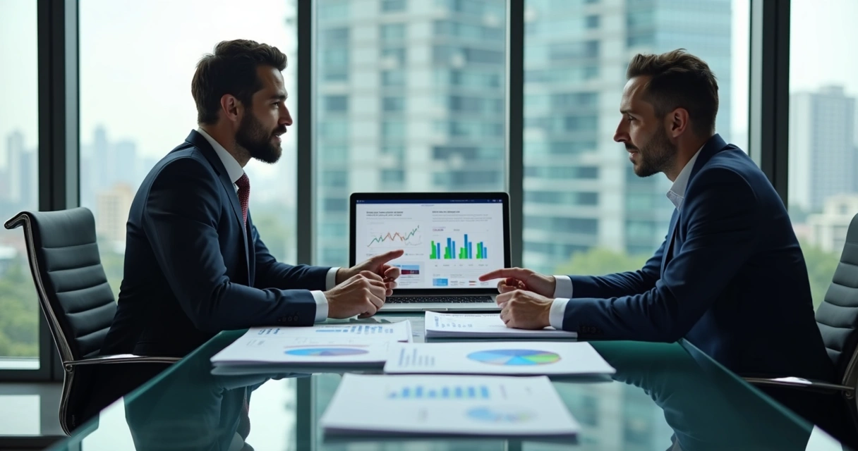 Negócio entre sócios estrangeiros e brasileiros discutindo planejamento tributário em escritório moderno com documentos e laptop 