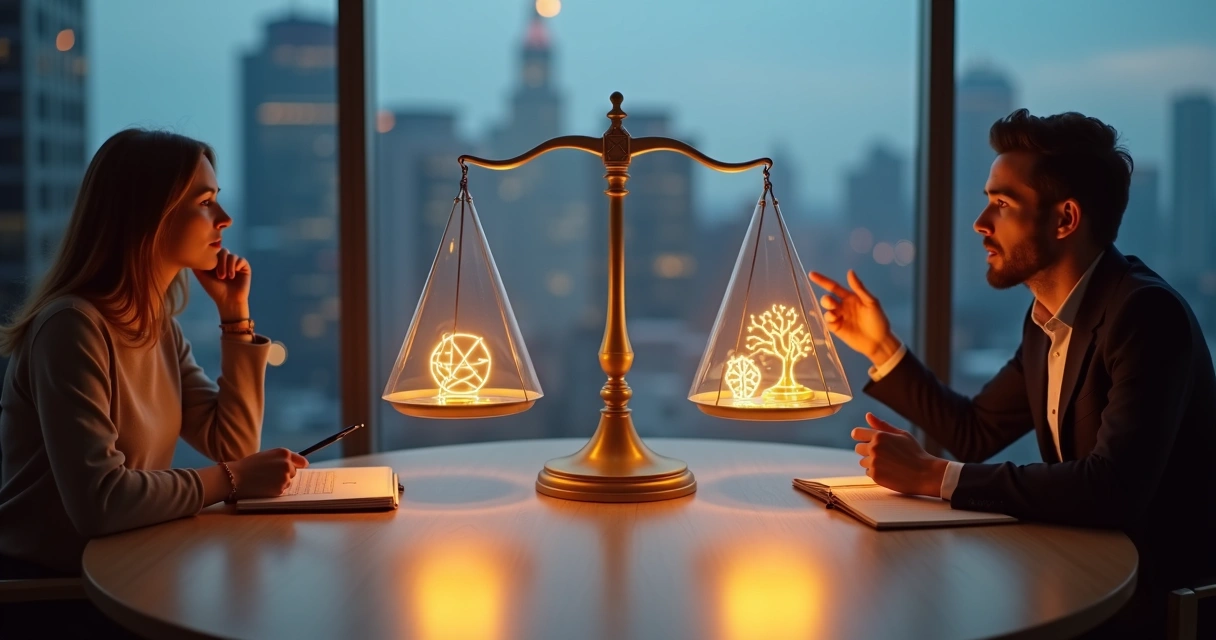 Duas pessoas em lados opostos de uma balança luminosa negociando de forma equilibrada 